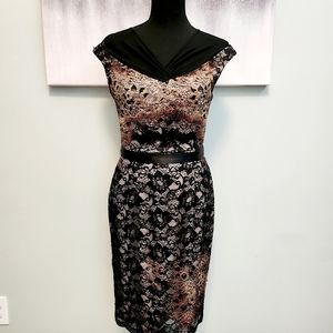 JS Collection black, nude, copper lace & sheer dress